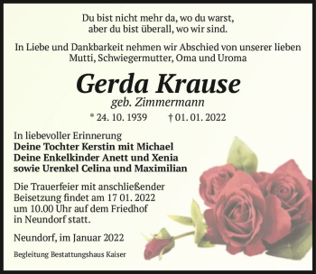 Traueranzeige von Gerda Krause (geb. Zimmermann)  von Magdeburger Volksstimme