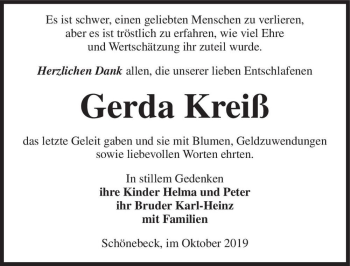 Traueranzeige von Gerda Kreiß  von Magdeburger Volksstimme