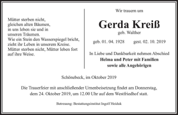 Traueranzeige von Gerda Kreiß (geb. Walther)  von Magdeburger Volksstimme