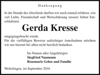 Traueranzeige von Gerda Kresse  von Magdeburger Volksstimme