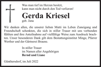 Traueranzeige von Gerda Kriesel (geb. Jana)  von Magdeburger Volksstimme