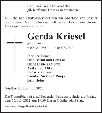 Traueranzeige von Gerda Kriesel (geb. Jana)  von Magdeburger Volksstimme