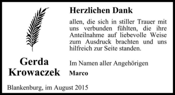 Traueranzeige von Gerda Krowaczek  von Magdeburger Volksstimme