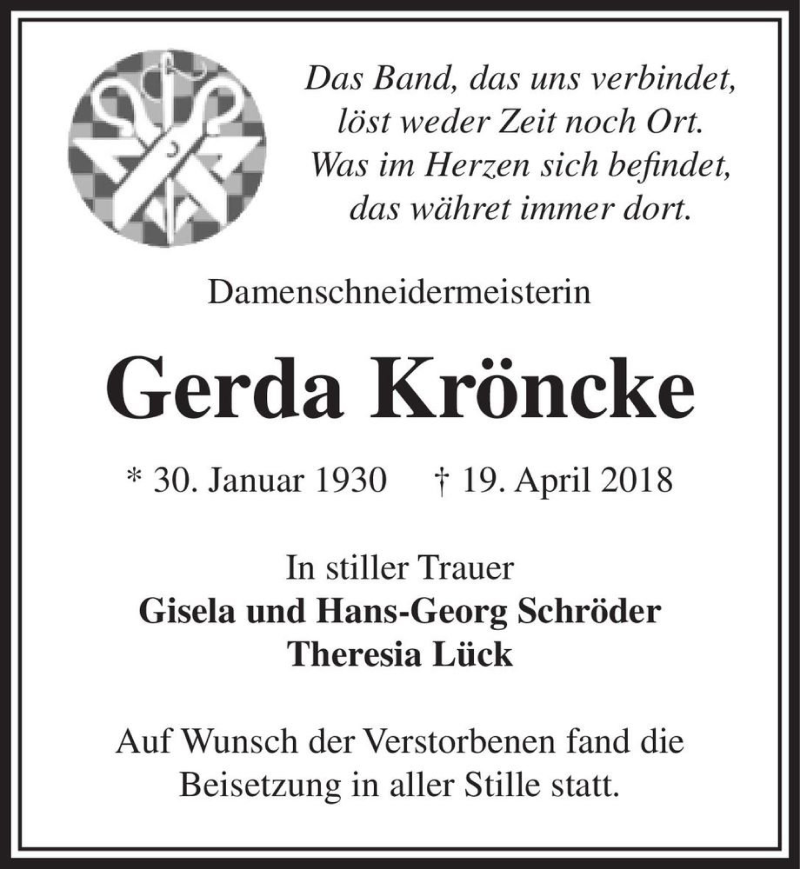 Traueranzeige für Gerda Kröncke  vom 12.05.2018 aus Magdeburger Volksstimme