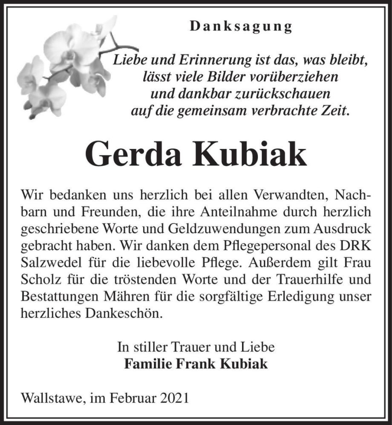  Traueranzeige für Gerda Kubiak  vom 23.02.2021 aus Magdeburger Volksstimme