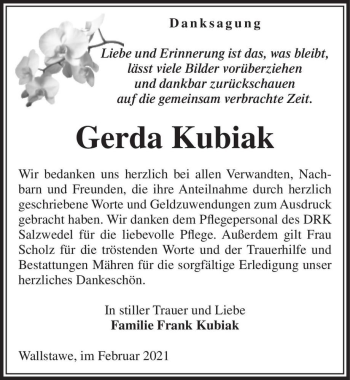 Traueranzeige von Gerda Kubiak  von Magdeburger Volksstimme