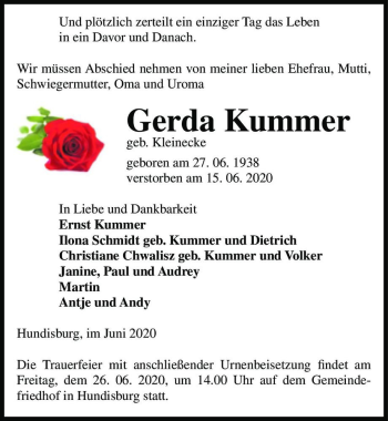 Traueranzeige von Gerda Kummer (geb. Kleinecke)  von Magdeburger Volksstimme