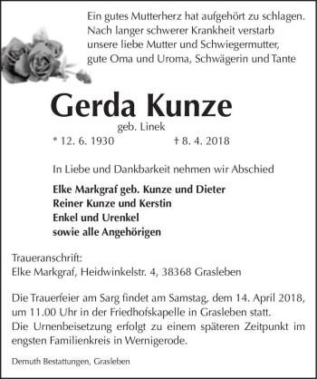 Traueranzeige von Gerda Kunze (geb. Linek)  von Magdeburger Volksstimme