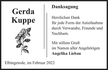 Traueranzeige von Gerda Kuppe  von Magdeburger Volksstimme