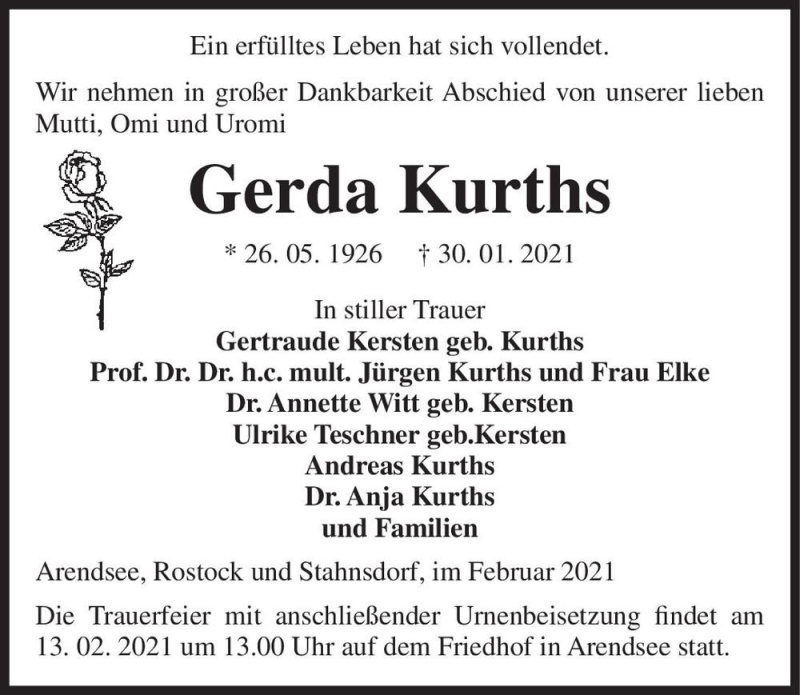  Traueranzeige für Gerda Kurths  vom 03.02.2021 aus Magdeburger Volksstimme