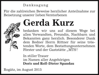 Traueranzeige von Gerda Kurz  von Magdeburger Volksstimme