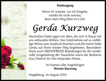 Traueranzeige von Gerda Kurzweg  von Magdeburger Volksstimme