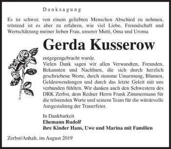 Traueranzeige von Gerda Kusserow  von Magdeburger Volksstimme