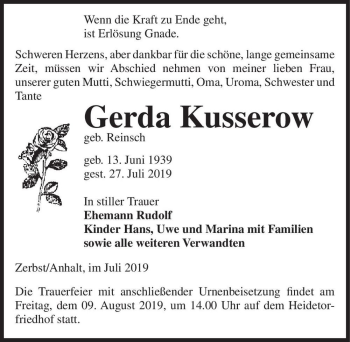 Traueranzeige von Gerda Kusserow (geb. Reinsch)  von Magdeburger Volksstimme