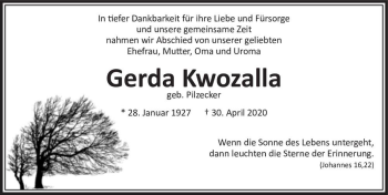 Traueranzeige von Gerda Kwozalla (geb. Pilzecker)  von Magdeburger Volksstimme