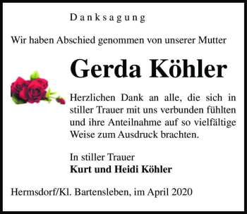Traueranzeige von Gerda Köhler  von Magdeburger Volksstimme