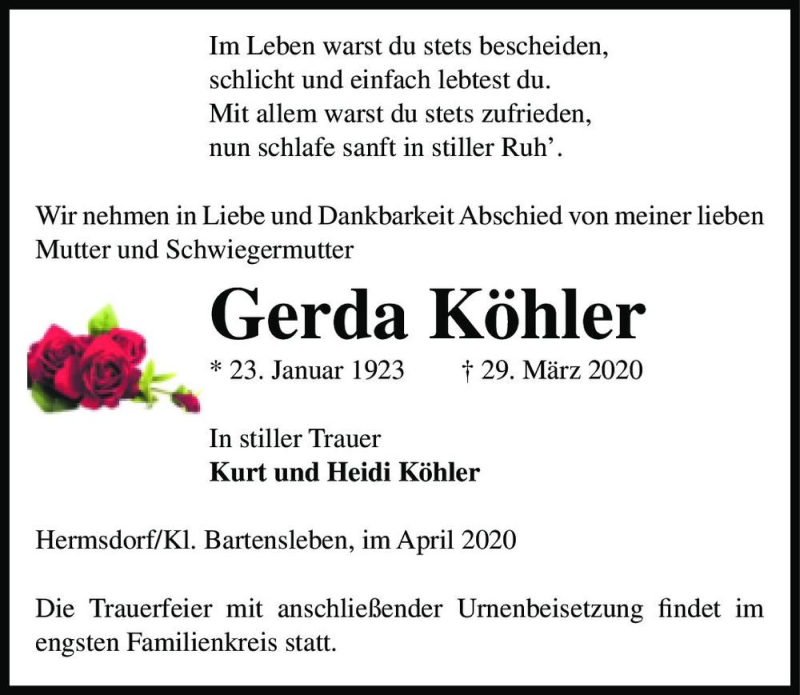  Traueranzeige für Gerda Köhler  vom 01.04.2020 aus Magdeburger Volksstimme