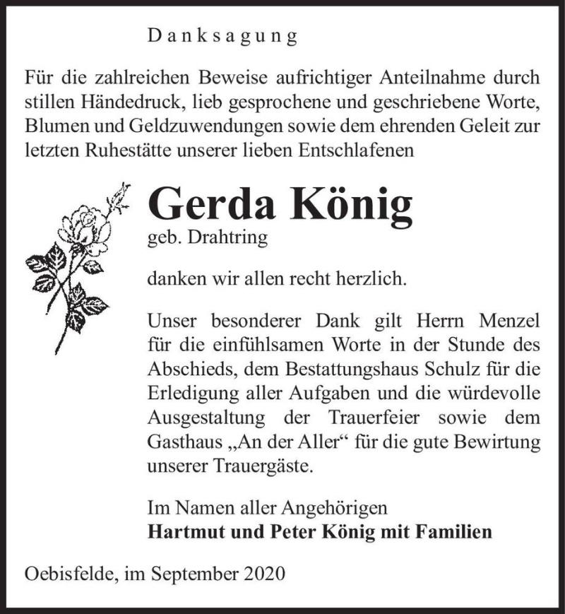  Traueranzeige für Gerda König (geb. Drahtring)  vom 12.09.2020 aus Magdeburger Volksstimme