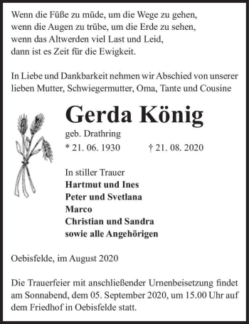 Traueranzeige von Gerda König (geb. Drathring)  von Magdeburger Volksstimme