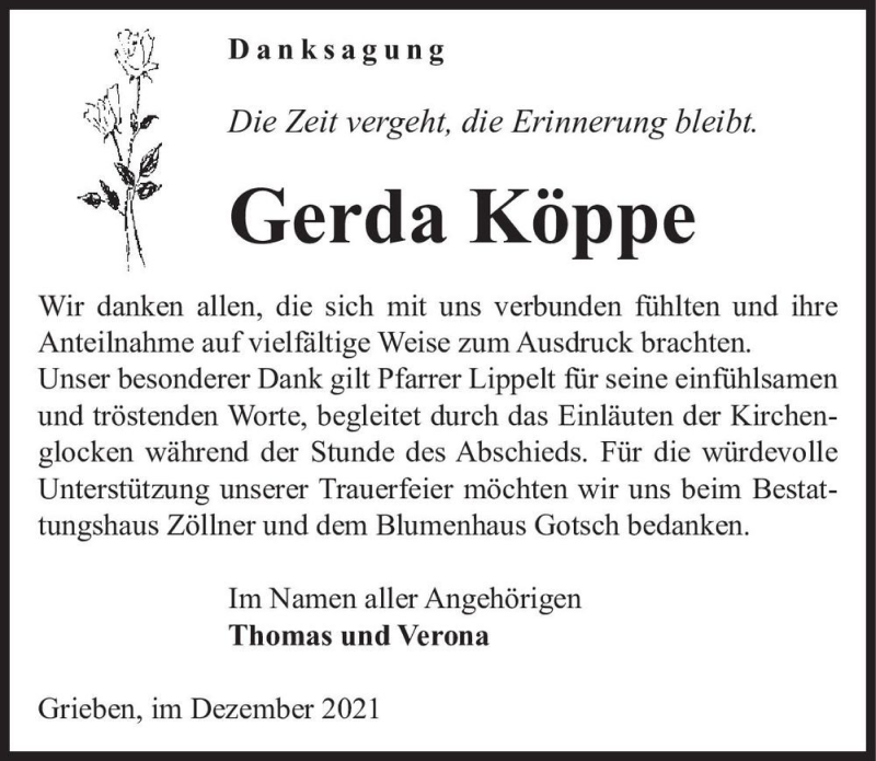  Traueranzeige für Gerda Köppe  vom 23.12.2021 aus Magdeburger Volksstimme