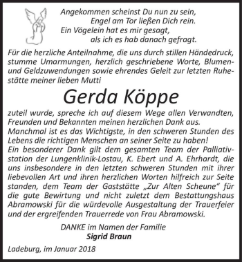Traueranzeige von Gerda Köppe  von Magdeburger Volksstimme