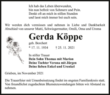 Traueranzeige von Gerda Köppe (geb. Borchert)  von Magdeburger Volksstimme