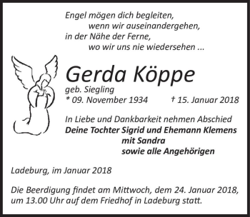 Traueranzeige von Gerda Köppe (geb. Siegling)  von Magdeburger Volksstimme