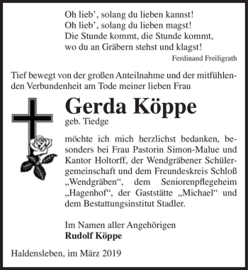 Traueranzeige von Gerda Köppe (geb. Tiedge)  von Magdeburger Volksstimme