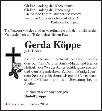 Traueranzeige von Gerda Köppe (geb. Tiedge)  von Magdeburger Volksstimme