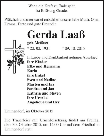 Traueranzeige von Gerda Laaß (geb. Meißner)  von Magdeburger Volksstimme