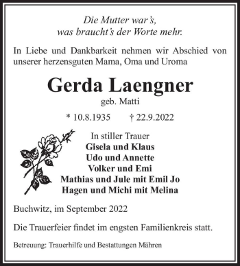 Traueranzeige von Gerda Laengner (geb. Matti)  von Magdeburger Volksstimme