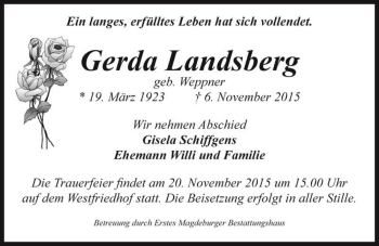 Traueranzeige von Gerda Landsberg (geb. Weppner)  von Magdeburger Volksstimme