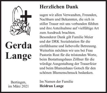 Traueranzeige von Gerda Lange  von Magdeburger Volksstimme