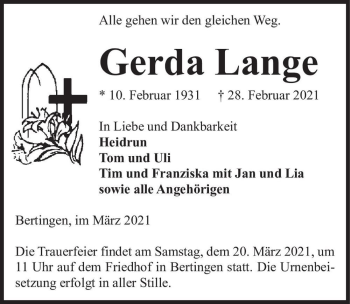 Traueranzeige von Gerda Lange  von Magdeburger Volksstimme