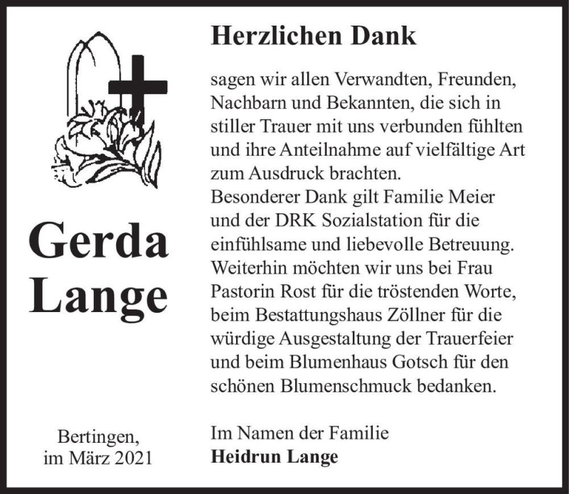  Traueranzeige für Gerda Lange  vom 03.04.2021 aus Magdeburger Volksstimme