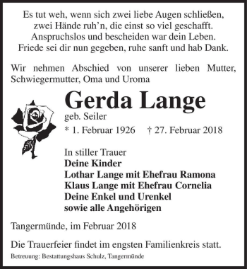 Traueranzeige von Gerda Lange (geb. Seiler)  von Magdeburger Volksstimme