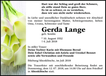 Traueranzeige von Gerda Lange (geb. Semlin)  von Magdeburger Volksstimme