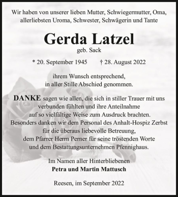 Traueranzeige von Gerda Latzel (geb. Sack)  von Magdeburger Volksstimme