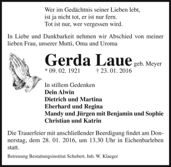 Traueranzeige von Gerda Laue (geb. Meyer)  von Magdeburger Volksstimme