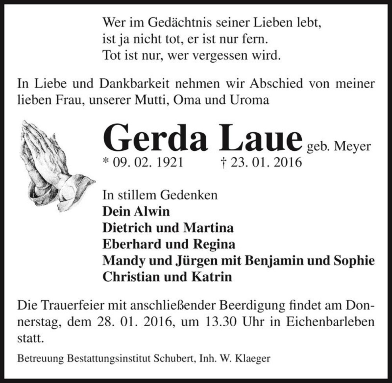  Traueranzeige für Gerda Laue (geb. Meyer)  vom 26.01.2016 aus Magdeburger Volksstimme