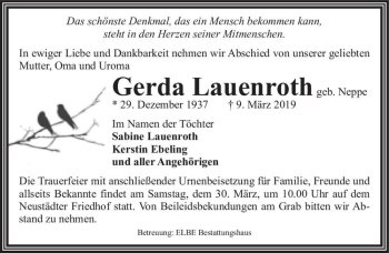 Traueranzeige von Gerda Lauenroth (geb. Neppe)  von Magdeburger Volksstimme
