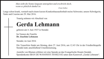 Traueranzeige von Gerda Lehmann  von Magdeburger Volksstimme