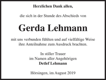 Traueranzeige von Gerda Lehmann  von Magdeburger Volksstimme