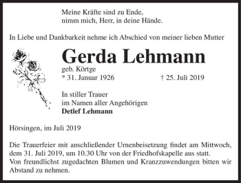 Traueranzeige von Gerda Lehmann (geb. Körtge)  von Magdeburger Volksstimme