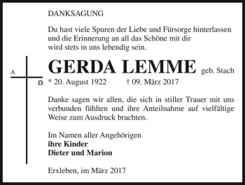 Traueranzeige von Gerda Lemme (geb. Stach)  von Magdeburger Volksstimme