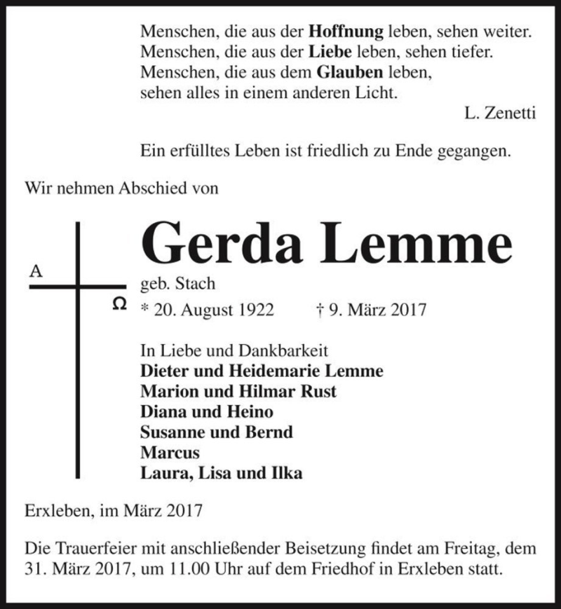  Traueranzeige für Gerda Lemme (geb. Stach)  vom 22.03.2017 aus Magdeburger Volksstimme