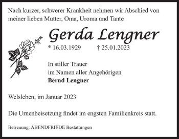 Traueranzeige von Gerda Lengner  von Magdeburger Volksstimme
