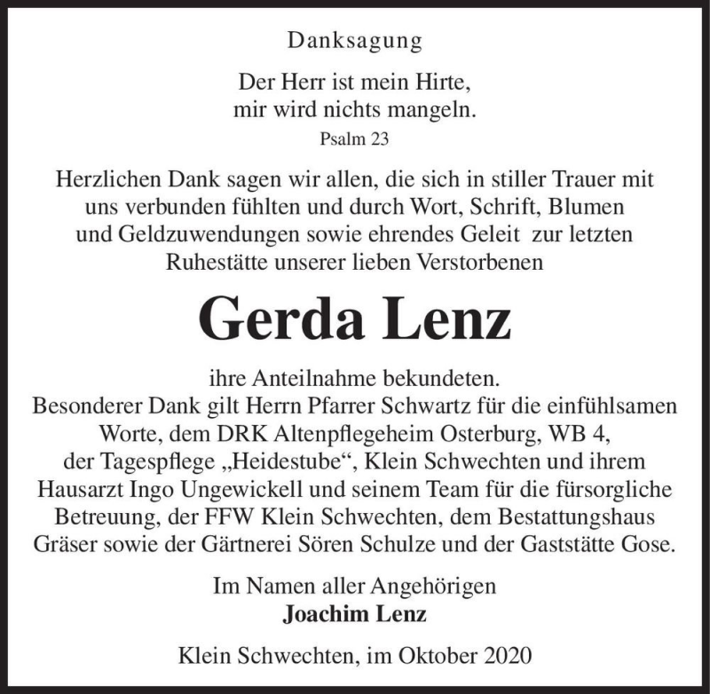  Traueranzeige für Gerda Lenz  vom 15.10.2020 aus Magdeburger Volksstimme
