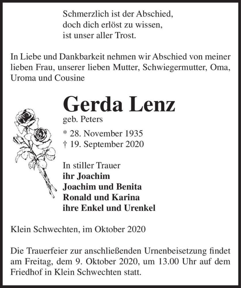  Traueranzeige für Gerda Lenz (geb. Peters)  vom 02.10.2020 aus Magdeburger Volksstimme