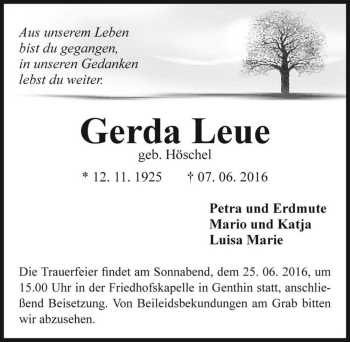 Traueranzeige von Gerda Leue (geb. Höschel)  von Magdeburger Volksstimme